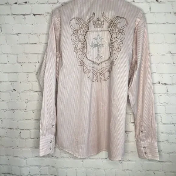 Platini Jeans Cougar Mens Stripe Western Cross Embellished Long Sleeve Shirt L - Picture 9 of 12